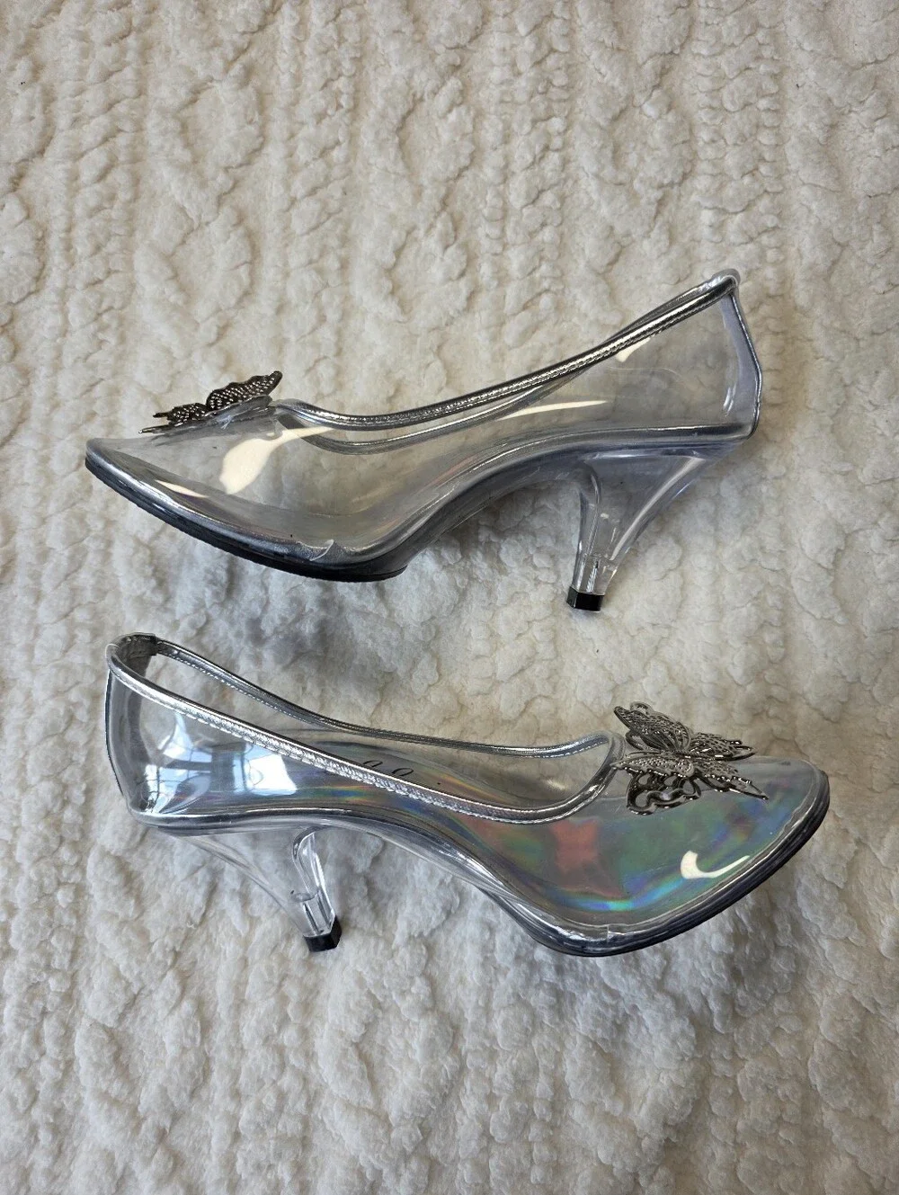 Ellie Silver Holographic Butterfly Clear Kitten Heels Size 7